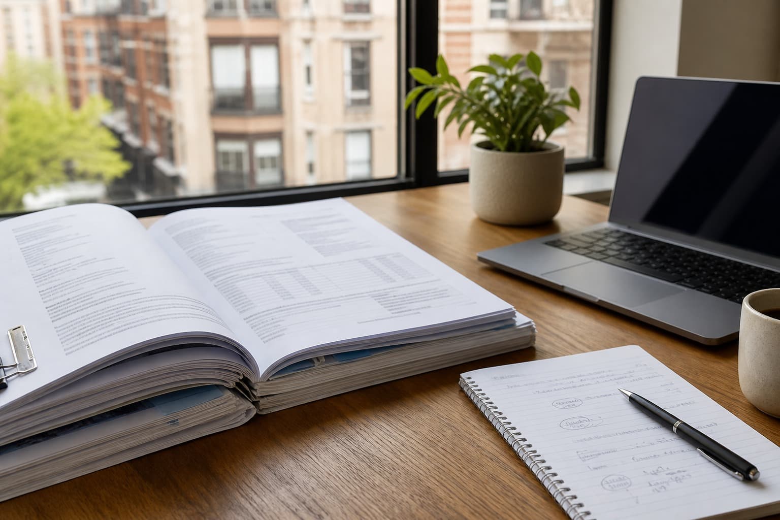 Board minutes open on a desk, New York building through the window.