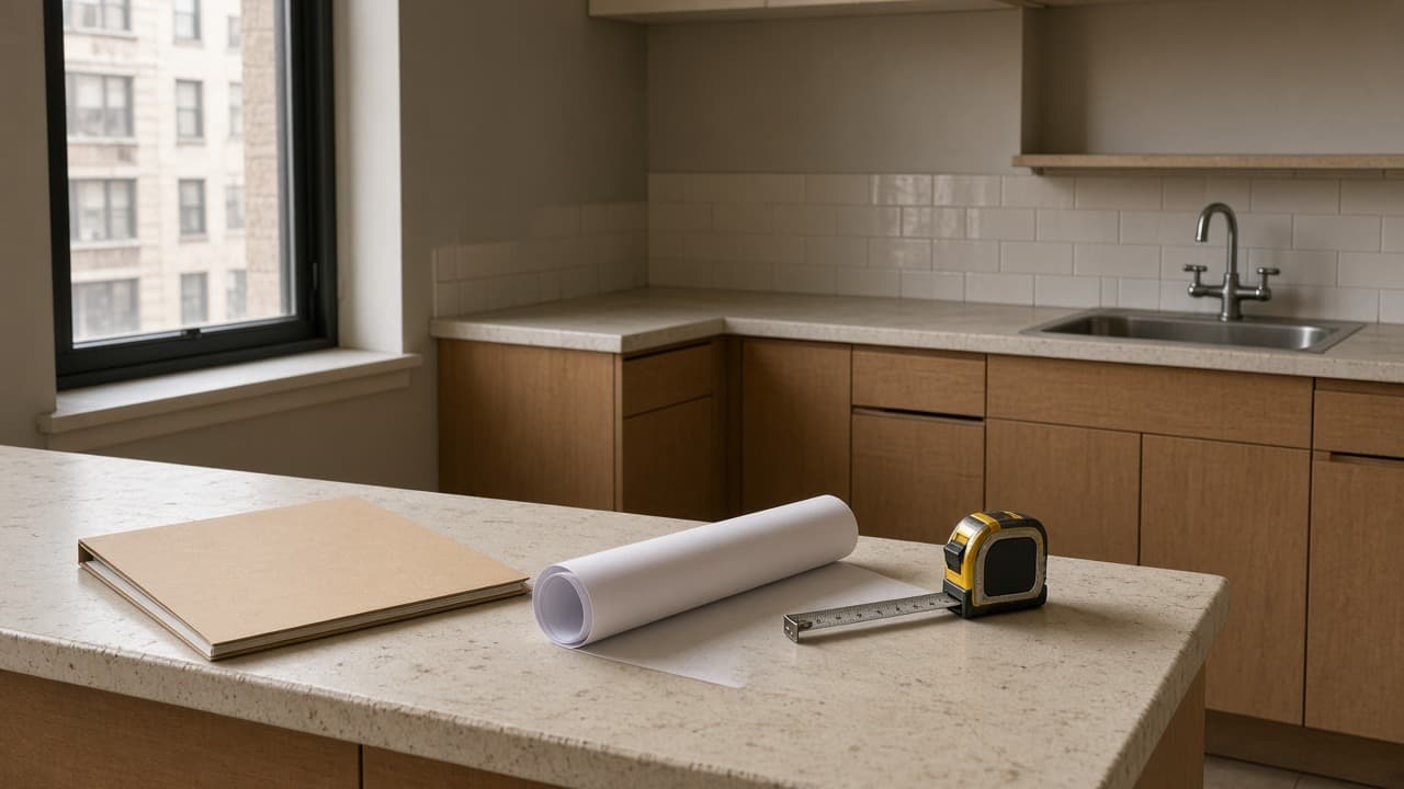 Kitchen counter with alteration folder, rolled plans, and tape measure, New York brick building through the window.