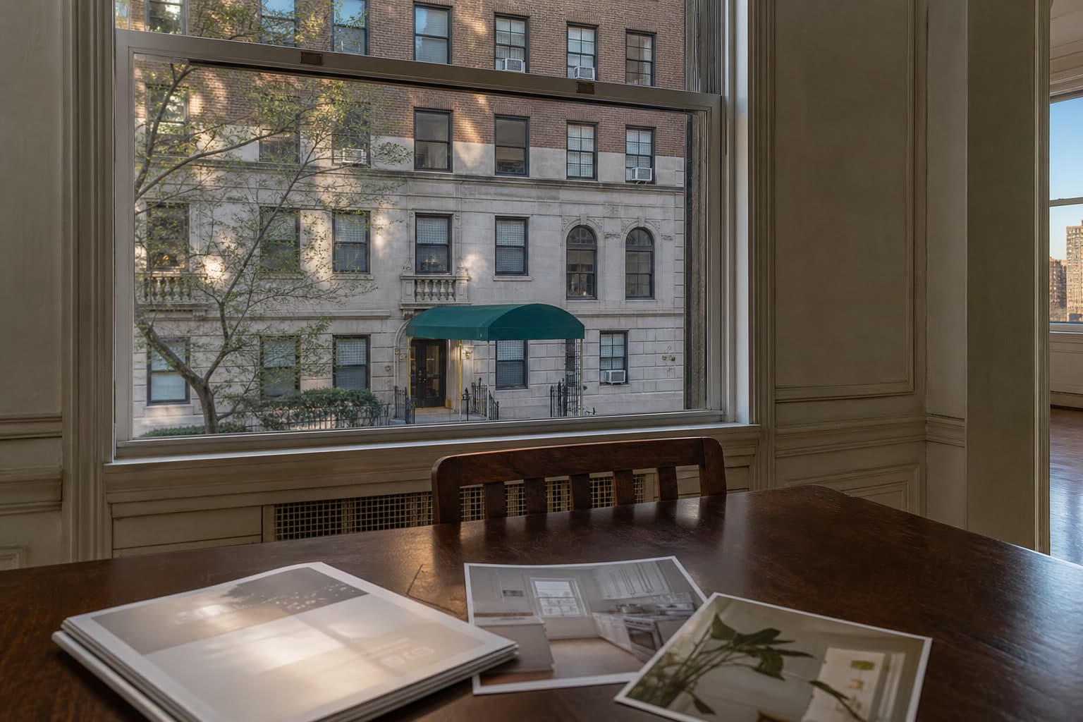 Listing photos on a table, the real co-op facade through the window.