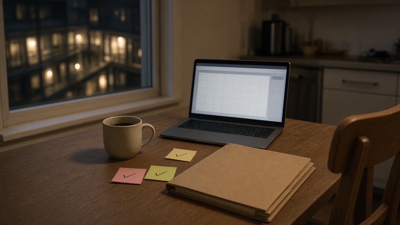 Night kitchen table with a co-op board package open, New York window in the background.