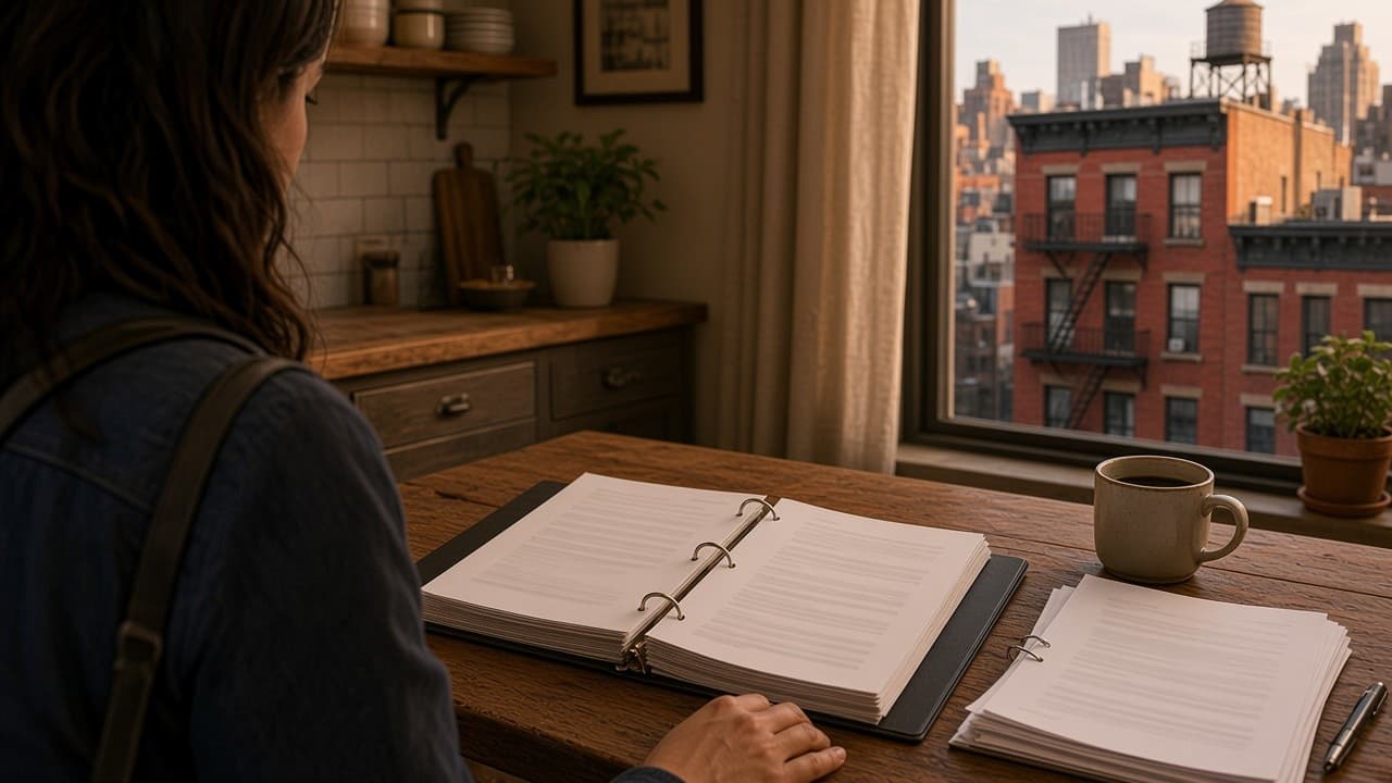 A resident sits at a wooden kitchen table with a thick open ring binder and a second stack of pages beside a mug of coffee, next to a window looking out on a red brick walk-up with fire escapes and a rooftop water tower.